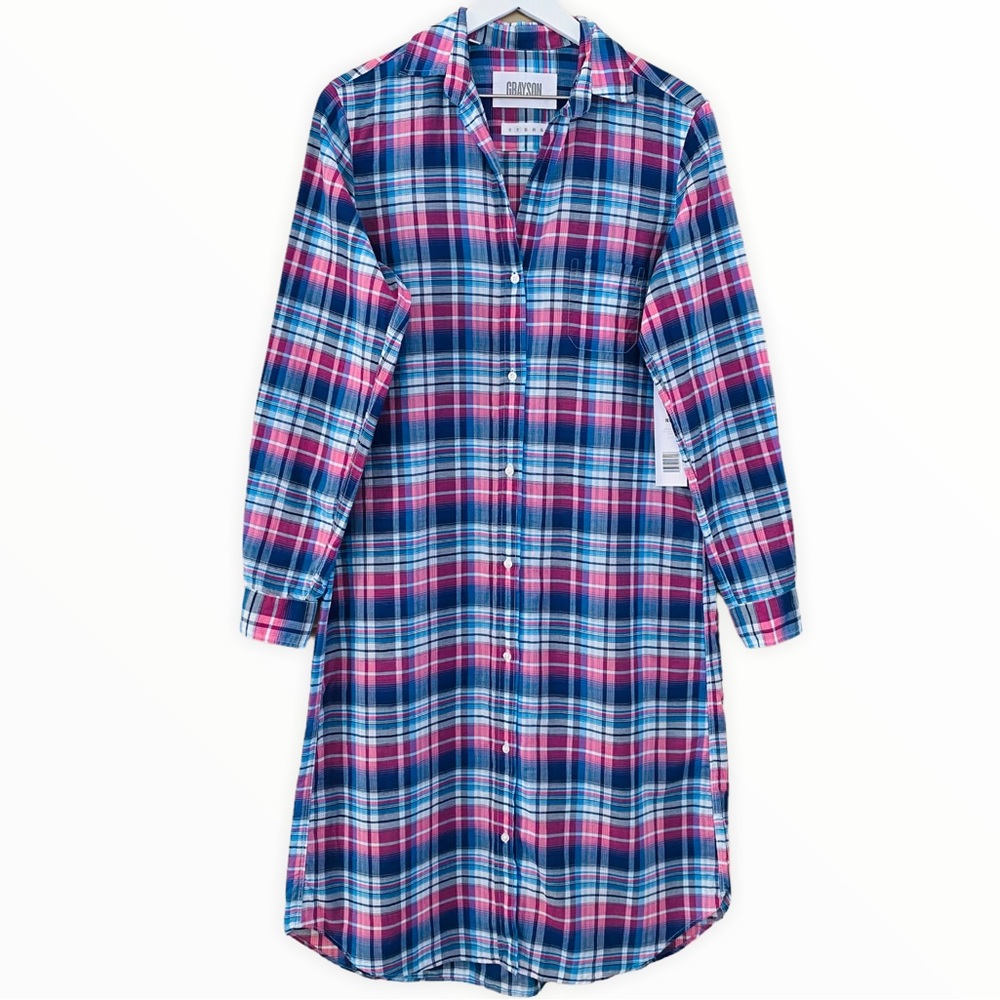 Grayson‎ NWT Hero Midi Dress in Pink & Navy Multicolored Plaid Size Small